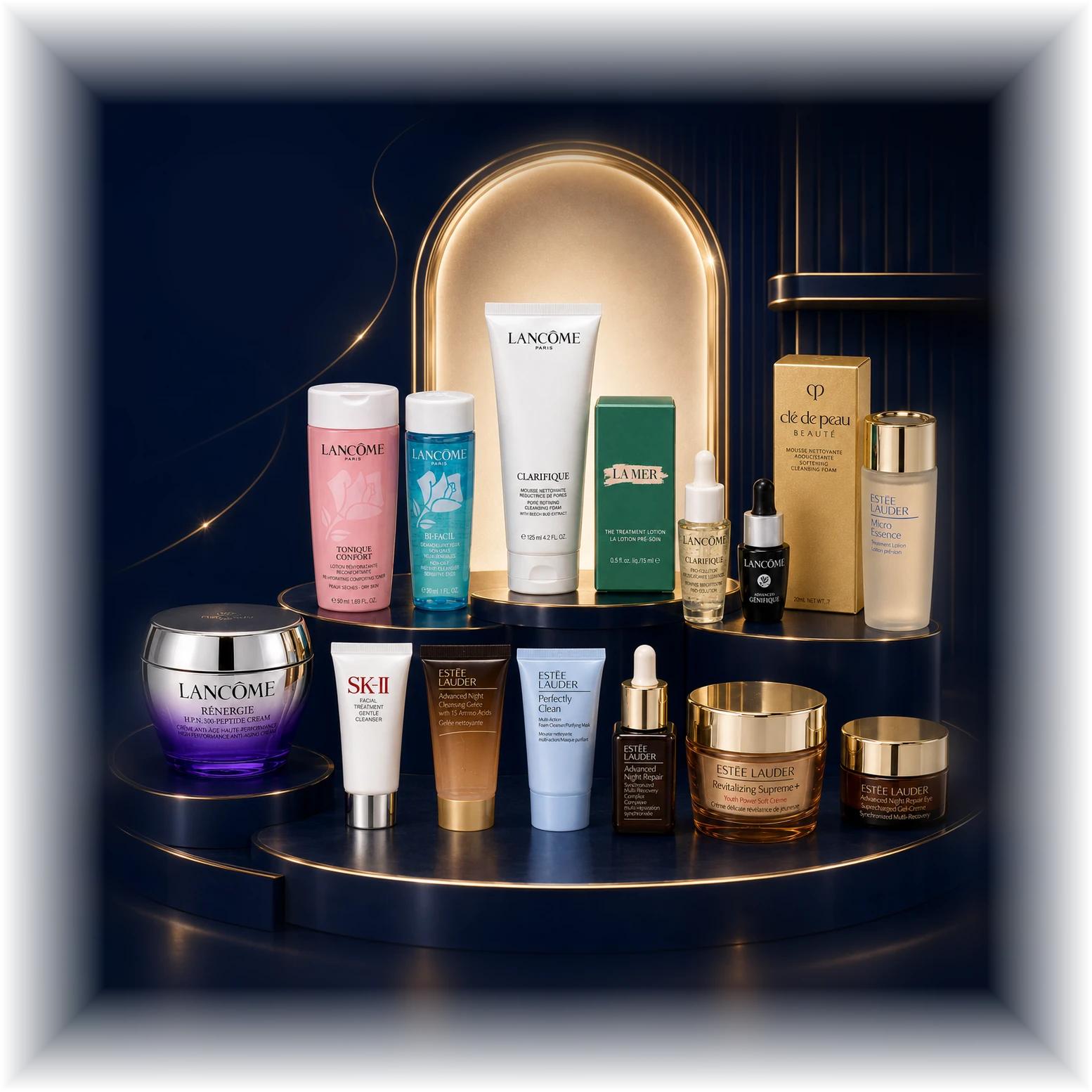 TWINS curated skincare icons — Lancôme, Estée Lauder, La Mer, SK-II and Clé de Peau on a royal navy stage